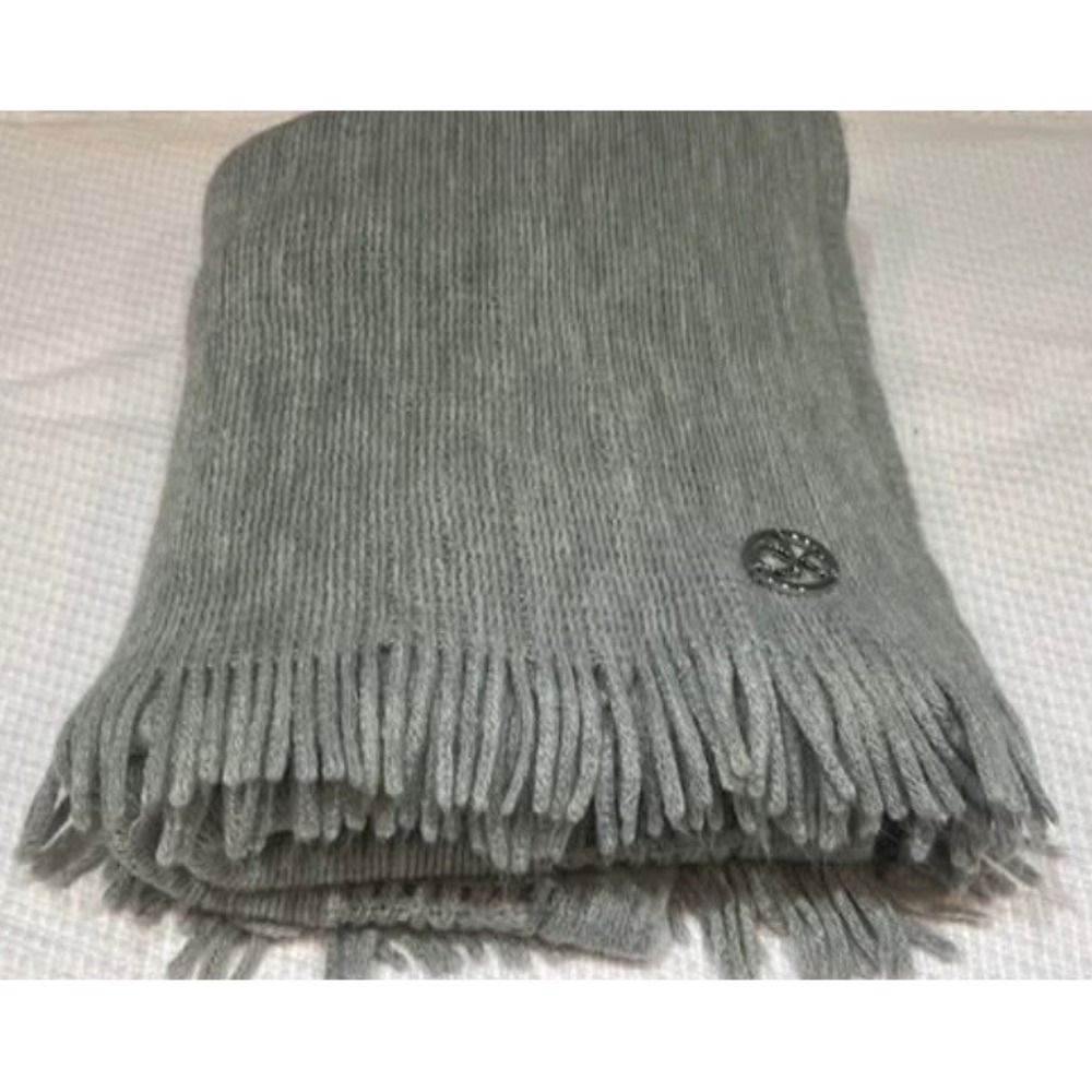 00445 - Calvin Klein Gray Knit Fringe Scarf Shawl Wrap Logo 72" x‎ 14" Acrylic